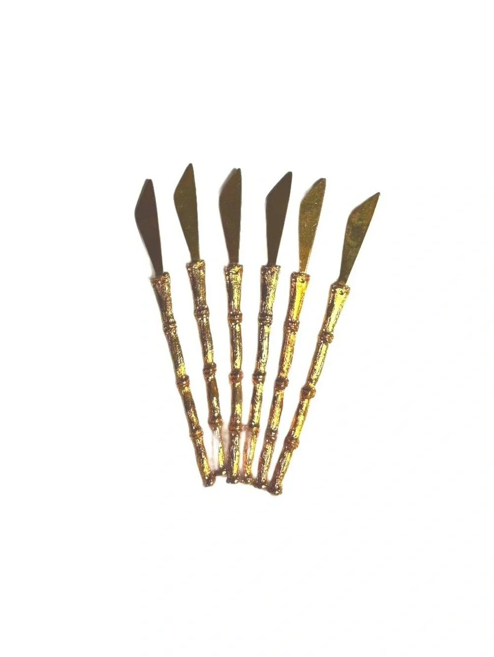 Vintage Gold Tone Bamboo Handle Cocktail Set. 6 Forks, Knives, Spoons